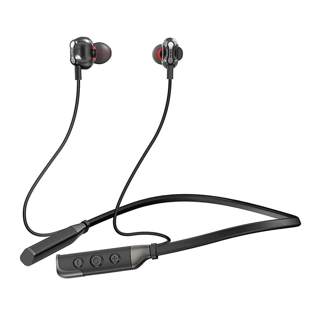 Aiwa ESBT-460 Bluetooth Wireless Neckband Earphones with Quad Drivers, Micro SD Slot, Black