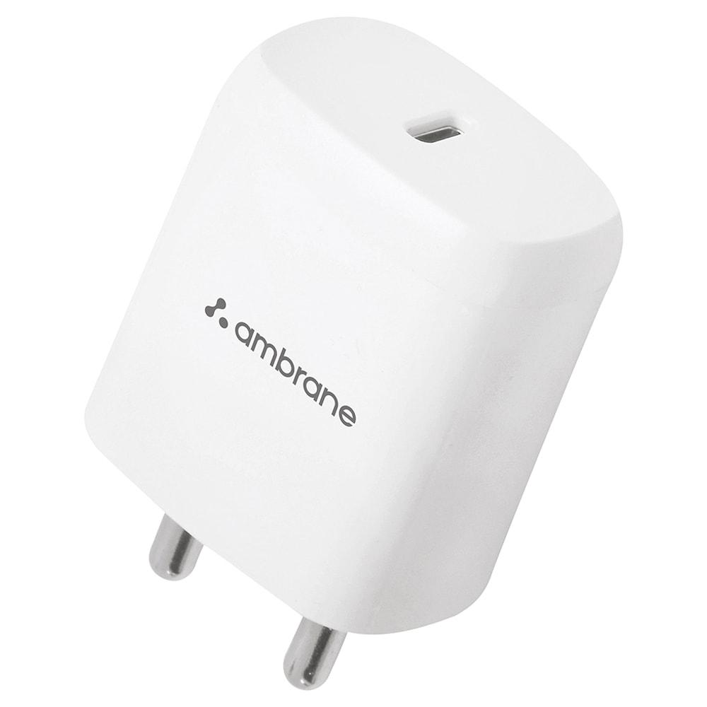 Ambrane RAAP M20 Wall Charger, 20 W Intelligent fast charging with PD Technology, BIS certified, Compatible with all Type-C Devices, Short Circuit & Overload Protection, Over Temperature Protection, Anti-Rust Pins, White