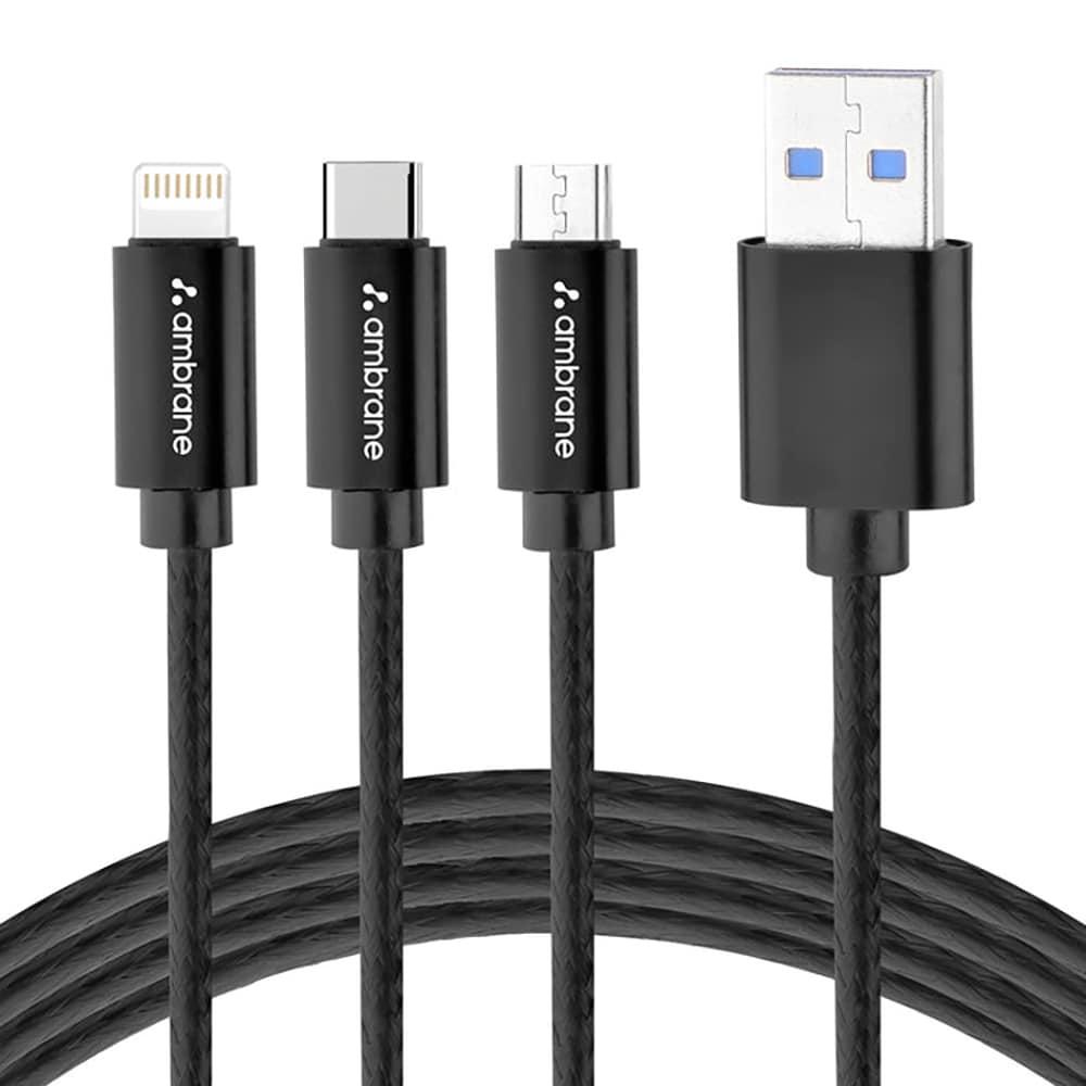 Ambrane Trio-11 3-in-1 Fast Charging 2.1A Unbreakable Braided Cable (Black)