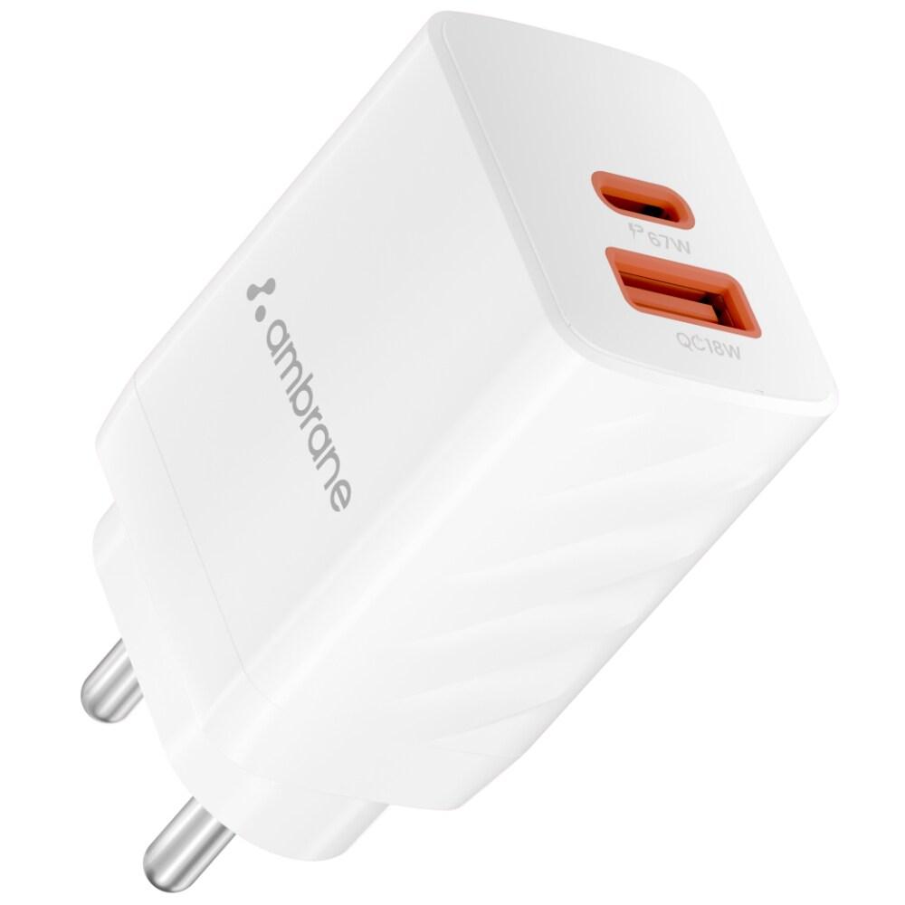Ambrane 67 Watt GAN Charger, Dual Ports Type A & C, Boosted Speed, MacBook & Type C Laptop Charging,Quick Charge 3.0, Power Delivery Technology, White