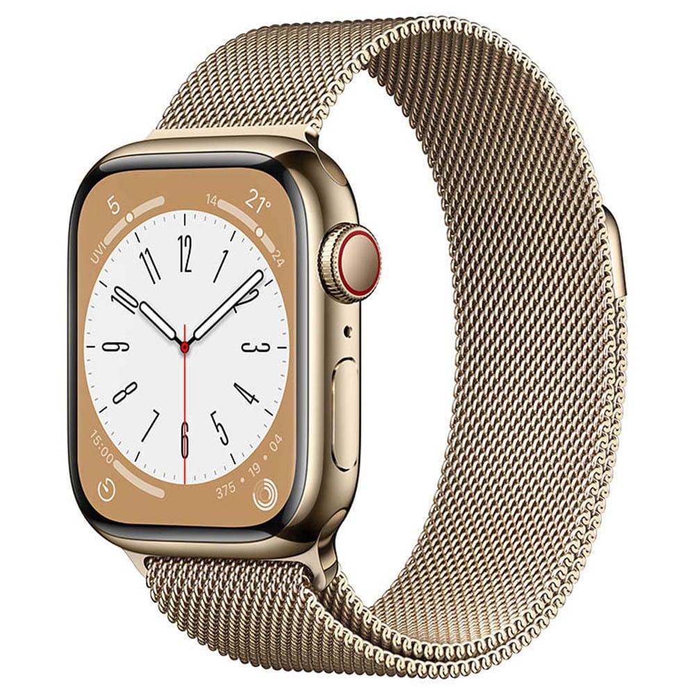 Apple Watch Series 8 GPS + Cellular 41mm Gold Stainless Steel Case with Gold Milanese Loop, Water resistant 50 metres, Dust resistant (IP6X), Fast charge, 3rd-gen optical heart sensor, Emergency SOS, Crash Detection, Fall Detection