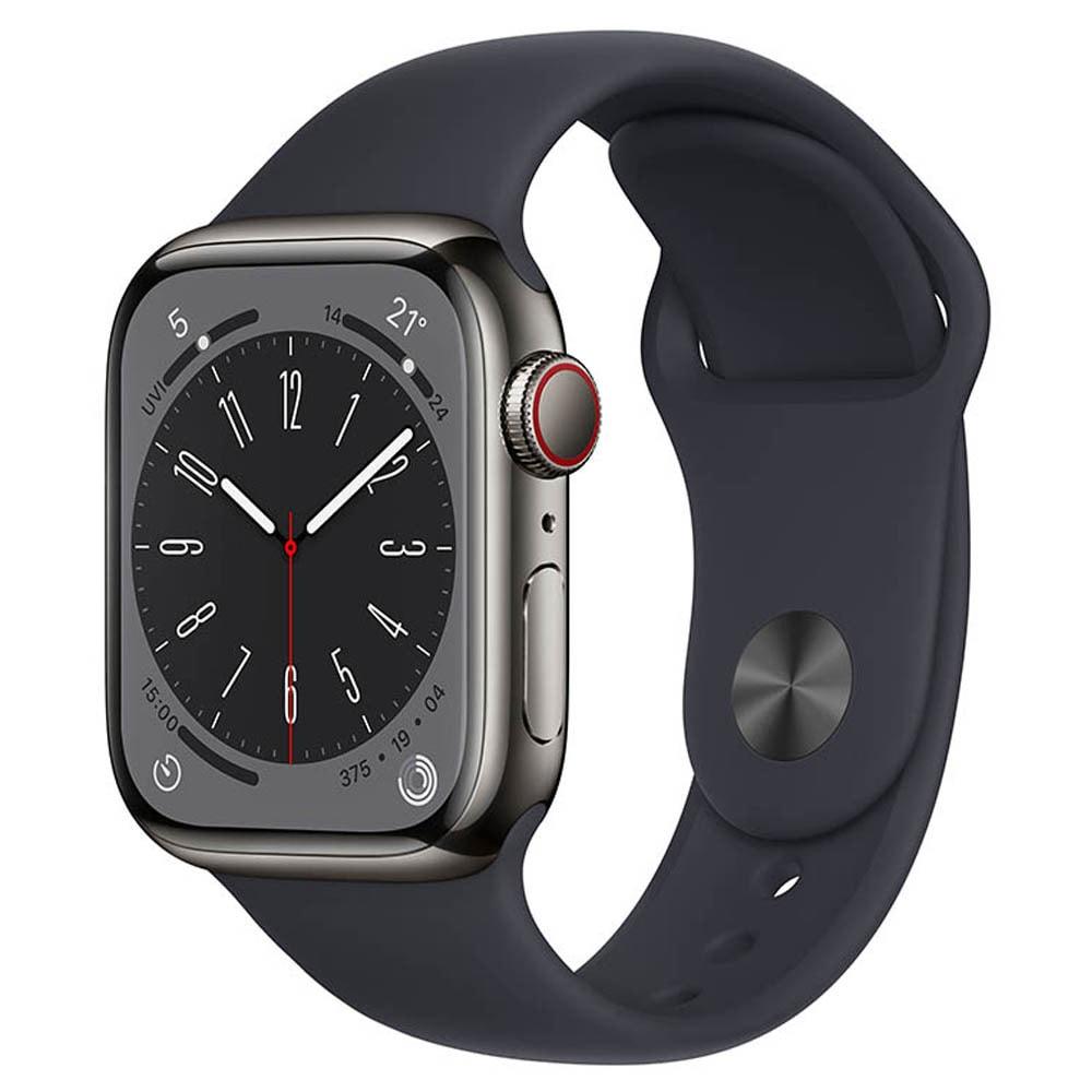 Apple Watch Series 8 GPS + Cellular 41mm Graphite Stainless Steel Case with Midnight Sport Band, Water resistant 50 metres, Dust resistant (IP6X), Fast charge, 3rd-gen optical heart sensor, Emergency SOS, Crash Detection, Fall Detection