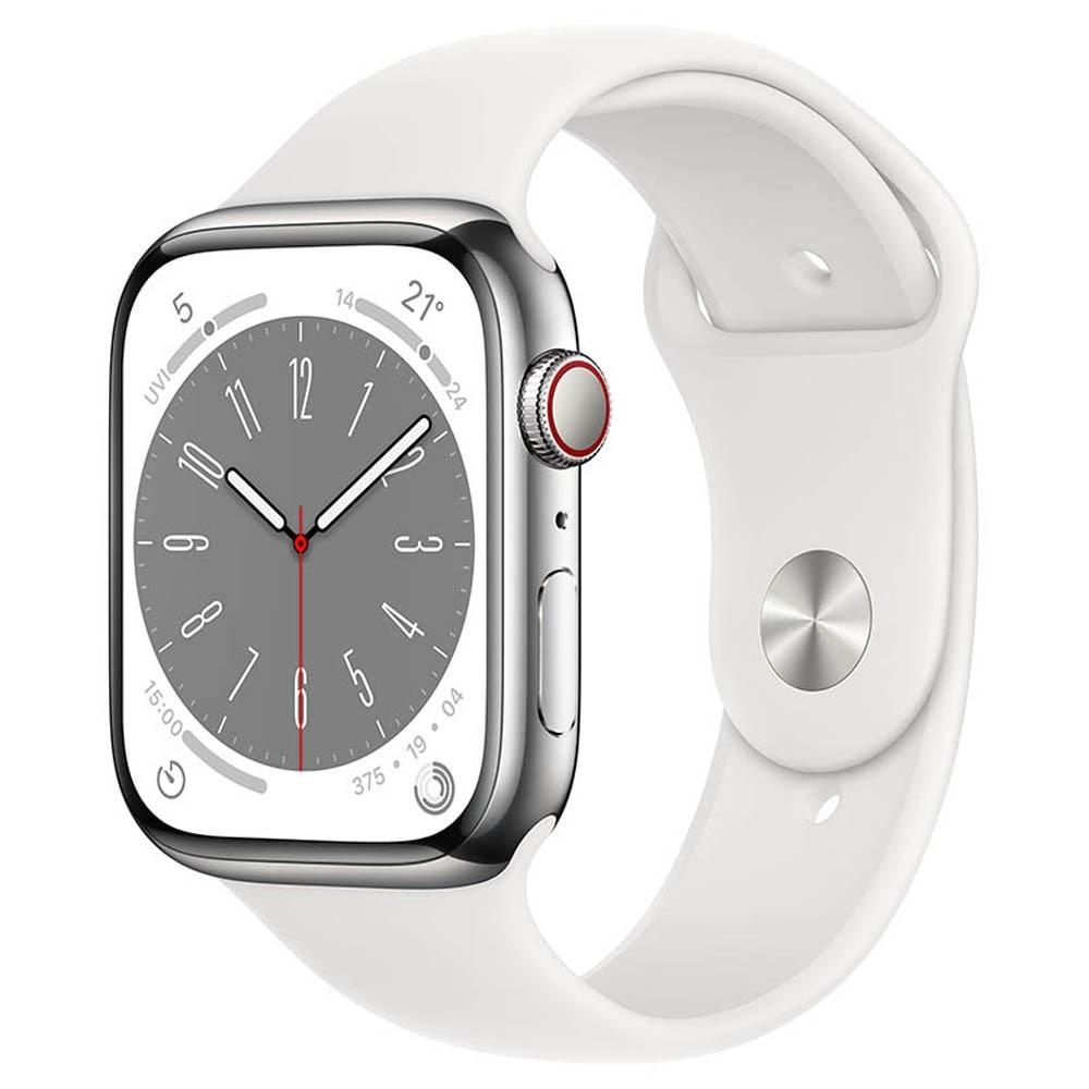 Apple Watch Series 8 GPS + Cellular 45mm Silver Stainless Steel Case with White Sport Band, Water resistant 50 metres, Dust resistant (IP6X), Fast charge, 3rd-gen optical heart sensor, Emergency SOS, Crash Detection, Fall Detection