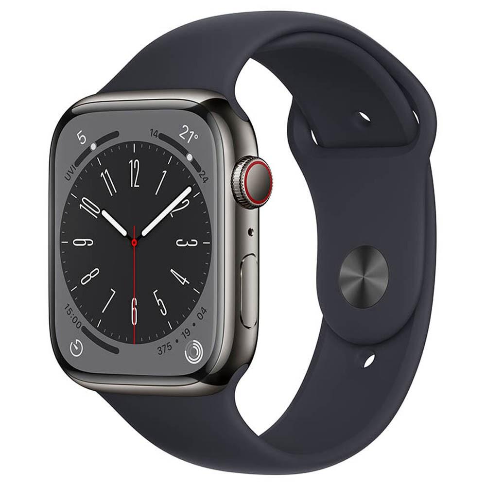 Apple Watch Series 8 GPS + Cellular 45mm Graphite Stainless Steel Case with Midnight Sport Band, Water resistant 50 metres, Dust resistant (IP6X), Fast charge, 3rd-gen optical heart sensor, Emergency SOS, Crash Detection, Fall Detection