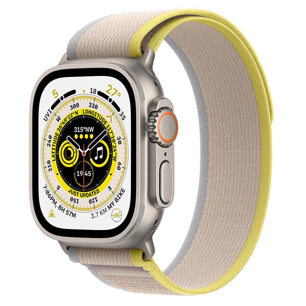 Apple Watch Ultra GPS + Cellular, 49mm Titanium Case with Yellow/Beige Trail Loop - S/M, Precision dual-frequency GNSS: GPS, GNSS, Galileo, BeiDou, 86-decibel Siren to attract attention, Altimeter, Accelerometer, Optical Heart Sensor, Gyroscope