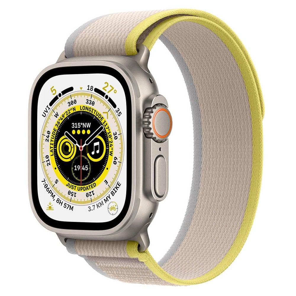Apple Watch Ultra GPS + Cellular, 49mm Titanium Case with Yellow/Beige Trail Loop - S/M, Precision dual-frequency GNSS: GPS, GNSS, Galileo, BeiDou, 86-decibel Siren to attract attention, Altimeter, Accelerometer, Optical Heart Sensor, Gyroscope