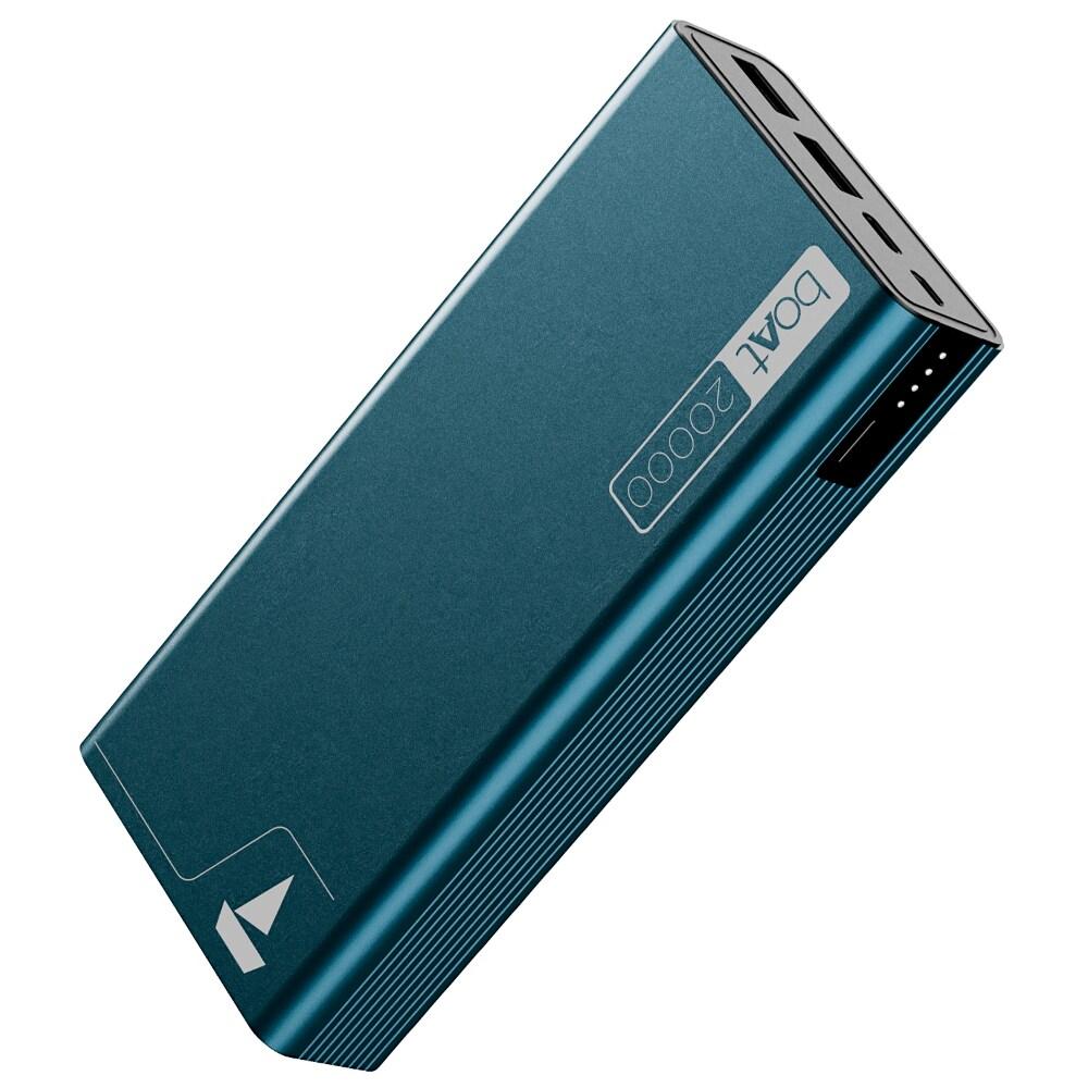 boAt EnergyShroom 20000 mAh Power Bank, 2 way 22.5 Watt Fast Charging, Quick Charge 3.0, High Temperature and Scratch Resistant, 12-Layer Smart IC Protection, 1 Type-C Two Way Port, 1 Micro USB Input Port, 2 USB-A Output Ports, LED Indicators, Steel Blue