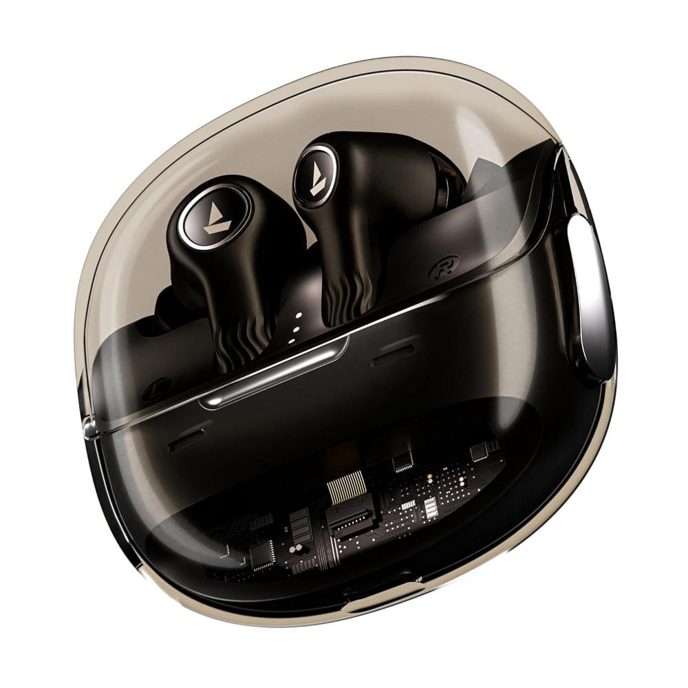 boAt Nirvana Crystl, Transparent Case, Spatial Audio, ANC ( Up to 32 dB), 100 Hrs Battery, 4 Mics ENx, Dual Pair, App Support, Bluetooth Earbuds, TWS Ear Buds Wireless Earphones with mic (Quantum Black)