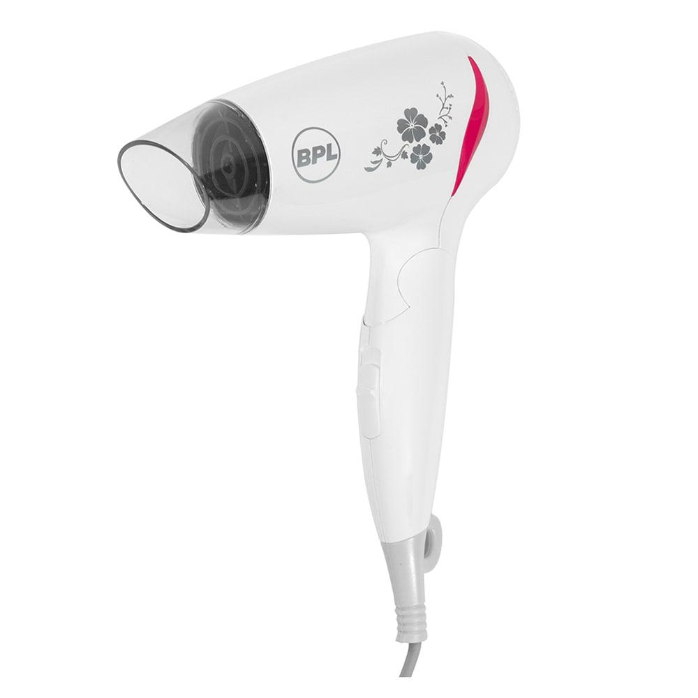 BPL Hair Dryer 1200 W, Ionic, 3 Heat Settings, Overheat Protection, Detachable Concentrator, Foldable, White & Pink, 2 years warranty, BHDFI00312