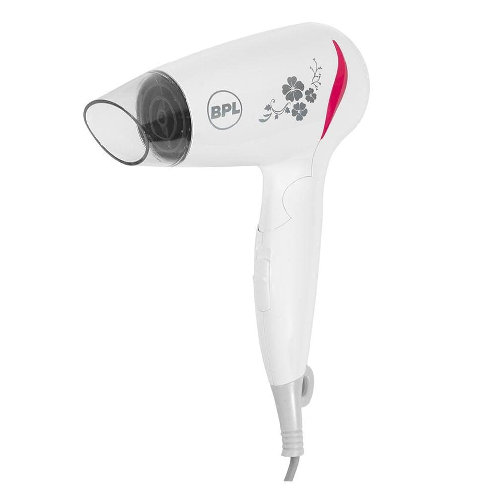 BPL 1200W Foldable Hair Dryer with Ionic Air Function for fast dry and silky hair, 3 Temperature Settings, Overheat Protection, Detachable Concentrator, 2 Years Warranty, White and Pink