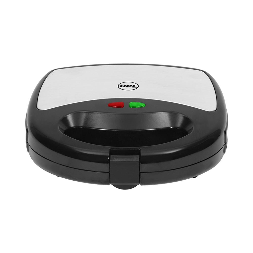 BPL 750W 2-Slice Triangle Sandwich Maker with Non-stick Coating Plate, Cool Touch Handle with Lock, Ready Function LED Indicator, 2 Years Warranty, Black & Stainless Steel
