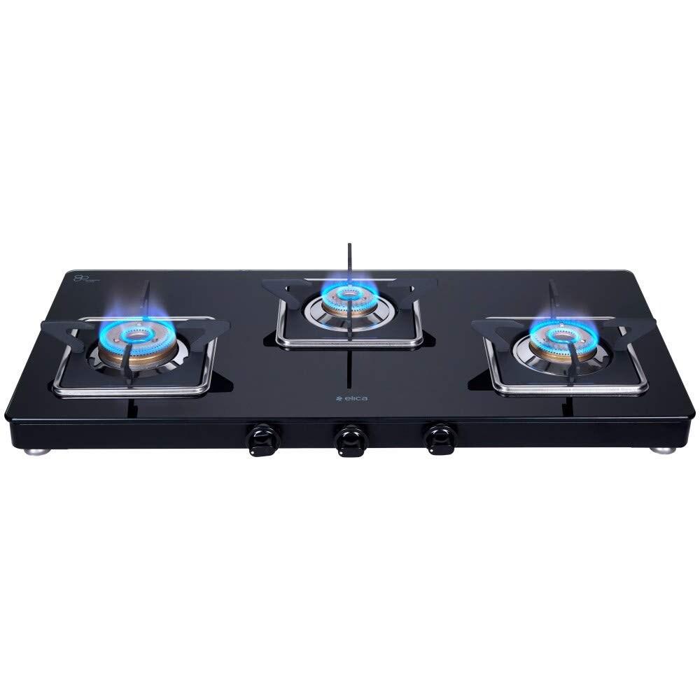Elica 773 CT Vetro Slim Line SPF Cooktop with 3 Brass Burners, Black