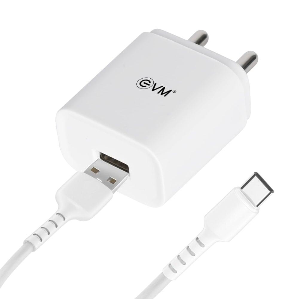 EVM USB Smart Charger with Type-C Cable, 5 V Fast Charging, 2.4 A Output, Smart IC technology, Over Current Protection, Short Circuit Protection, Surge Protection, No load Protection, Compatible with all C-type devices, White