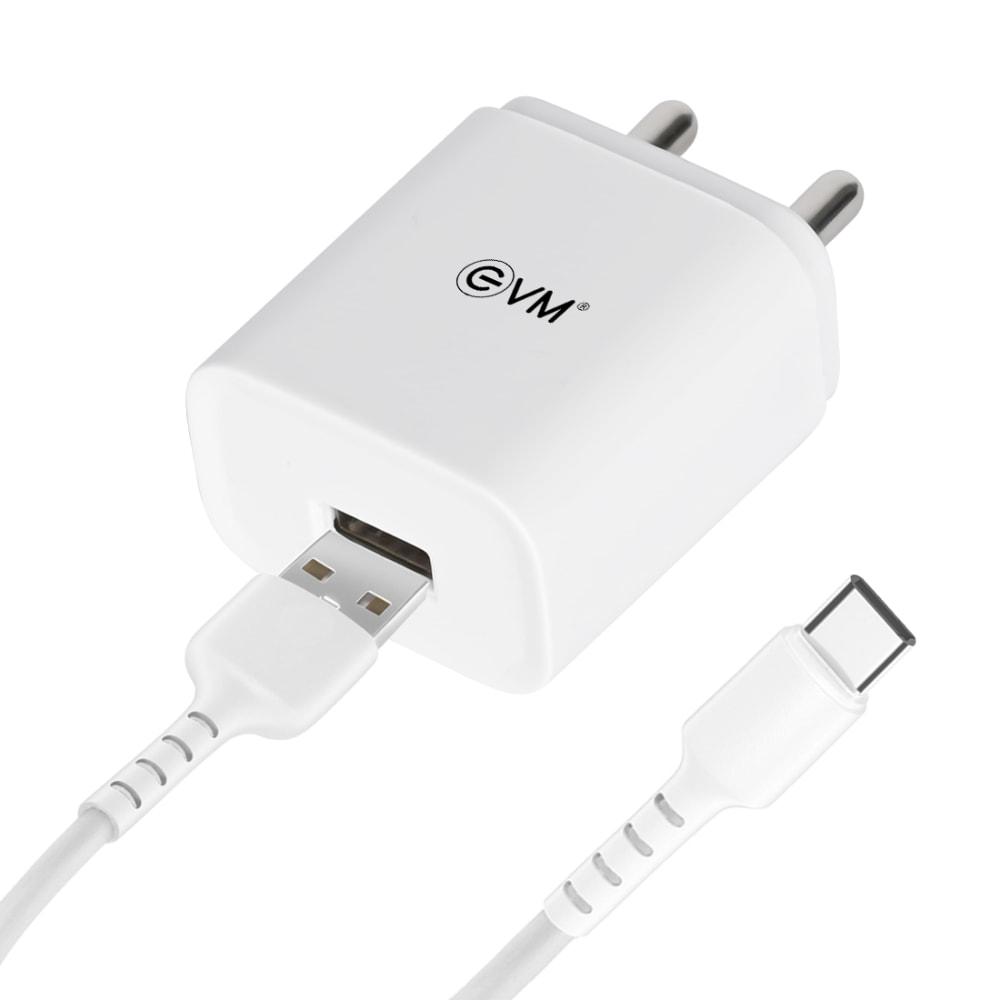 EVM USB Smart Charger with Type-C Cable, 5 V Fast Charging, 2.4 A Output, Smart IC technology, Over Current Protection, Short Circuit Protection, Surge Protection, No load Protection, Compatible with all C-type devices, White