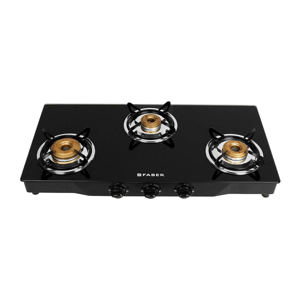 Faber JUMBO 3BB Glass Top Kitchen Hob with 3 Brass Burners, Manual Ignition, Black