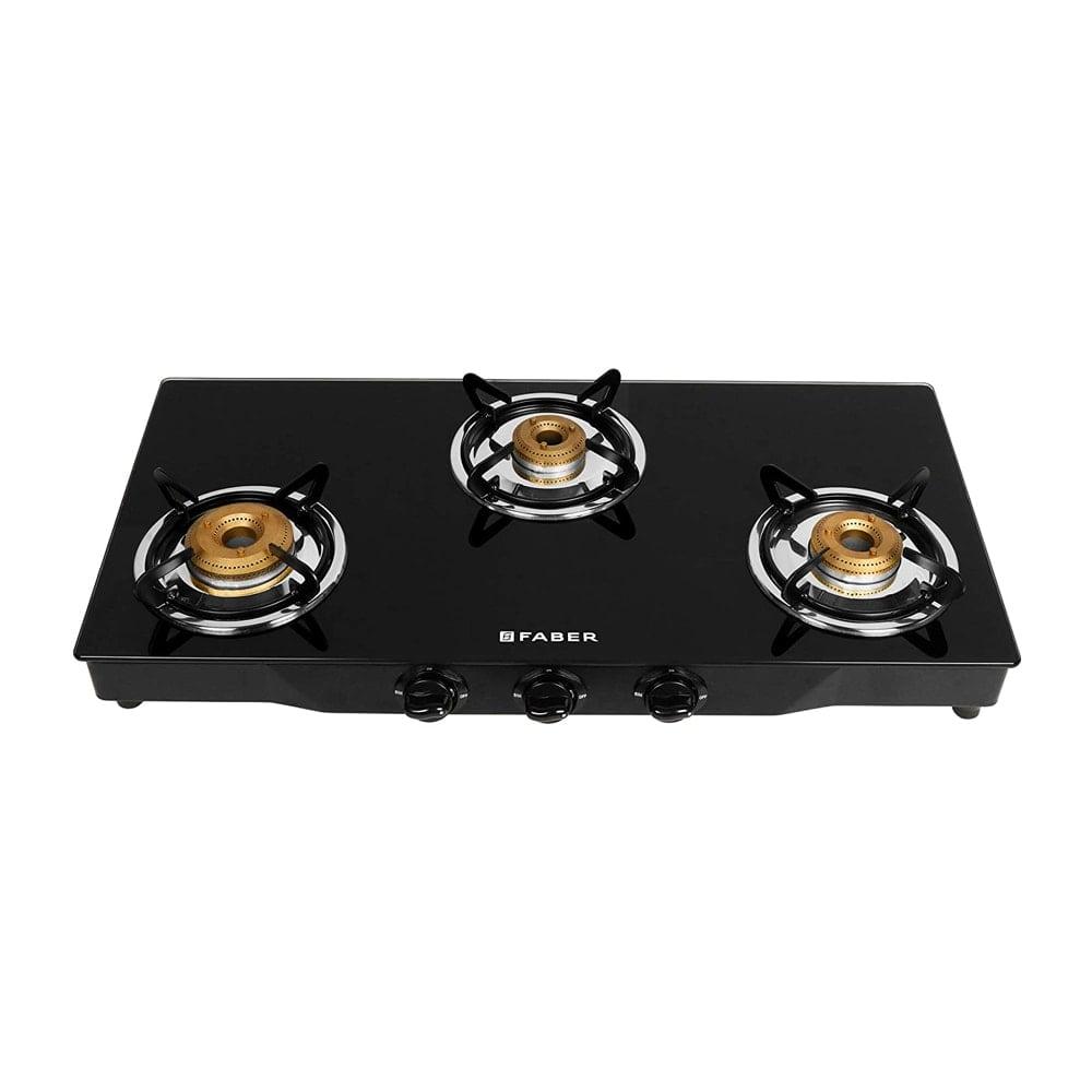 Faber JUMBO 3BB Glass Top Kitchen Hob with 3 Brass Burners, Manual Ignition, Black