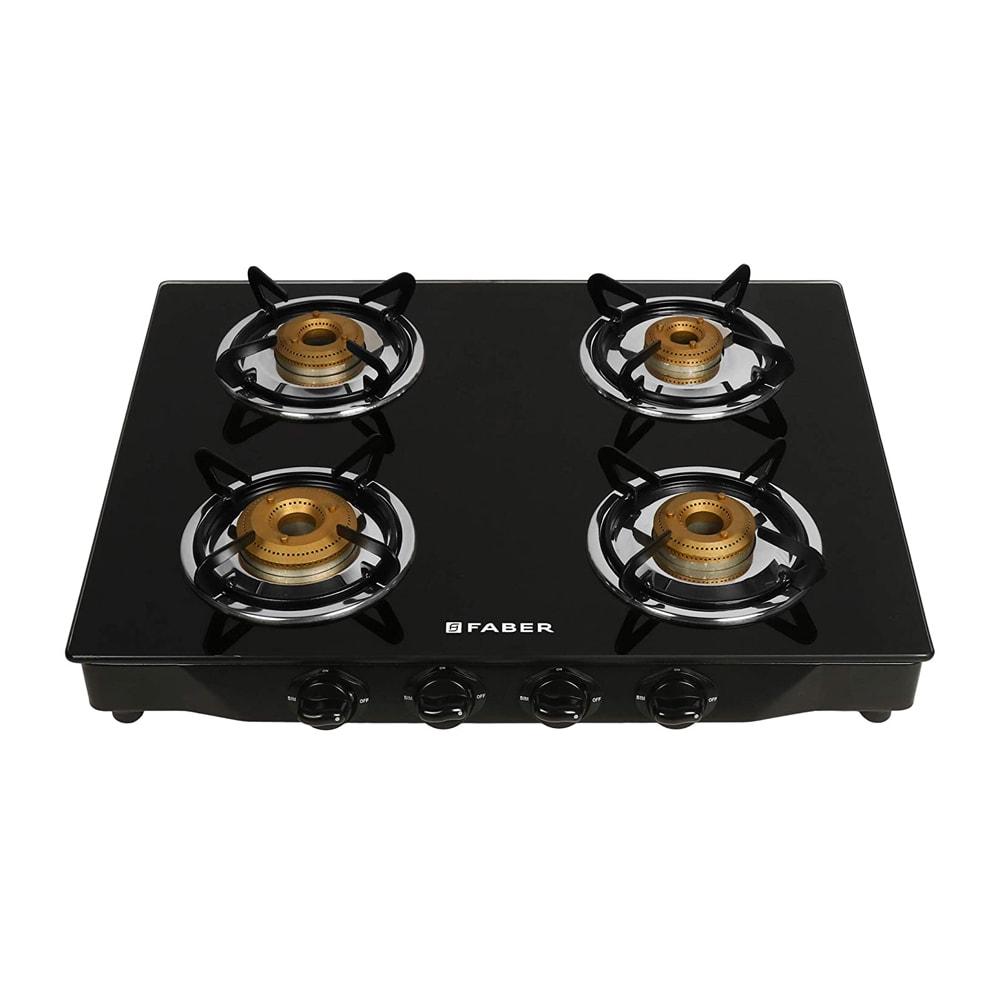 Faber JUMBO 4BB Glass Top Kitchen Hob with 4 Brass Burners, Manual Ignition, Black
