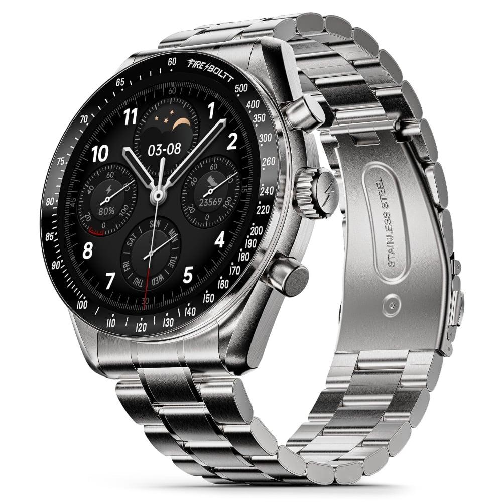 Fire-Boltt Moonwatch Smart Watch with 36.3 mm (1.43 inch) Amoled Display, Wireless Charging, Metallic Frame, Stainless Steel Luxury Strap, Complete Health Suite, Bluetooth Calling & Sports Modes (Silver)