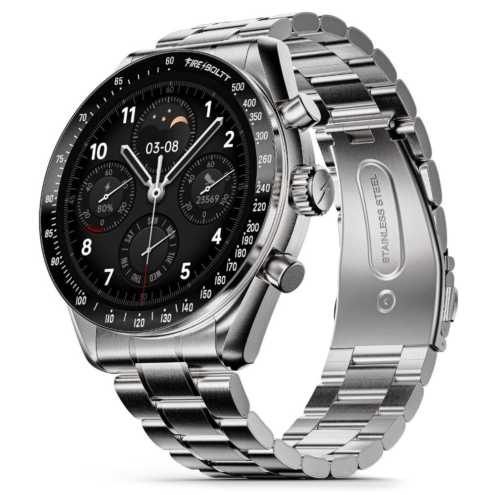 Fire-Boltt Moonwatch Smart Watch with 36.3 mm (1.43 inch) Amoled Display, Wireless Charging, Metallic Frame, Stainless Steel Luxury Strap, Complete Health Suite, Bluetooth Calling & Sports Modes (Silver)