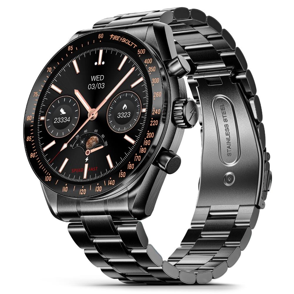 Fire-Boltt Moonwatch Smart Watch with 36.3 mm (1.43 inch) Amoled Display, Wireless Charging, Metallic Frame, Stainless Steel Luxury Strap, Complete Health Suite, Bluetooth Calling & Sports Modes (Black)