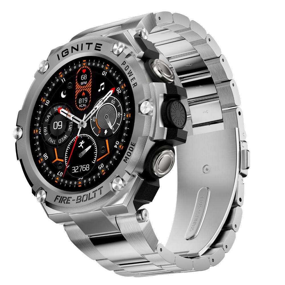 Fire-Boltt ASSAULT Smart Watch, 3.81 cm (1.5 inch) BT Calling, Round Touch Display, Outdoor Rugged Durable Design, 6 Menu UI Styles, In Built Compass, 150+ Sports Modes, Music Play, Health Suite, Silver Steel