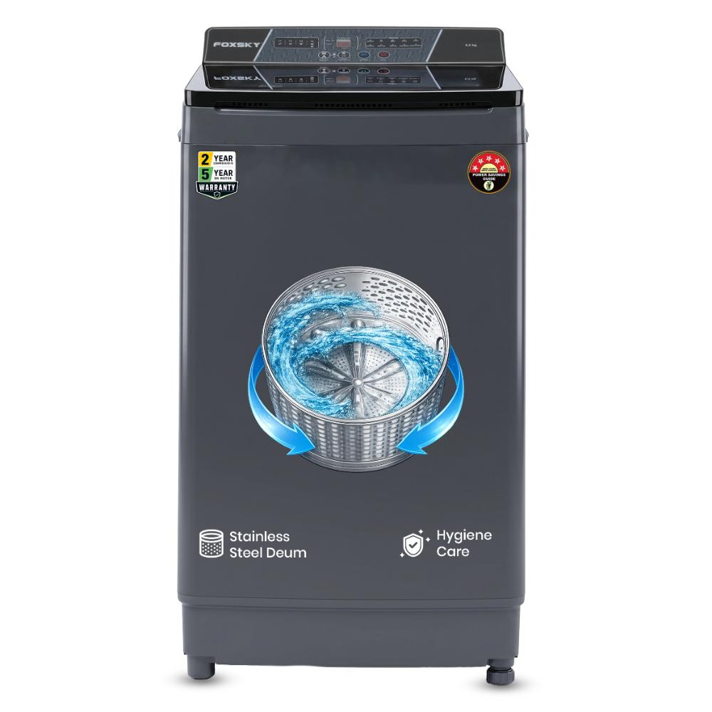 Foxsky 8 kg Top Load washing Machine, 5 Star Pure Wash with Stainless Steel Drum, Double Waterfall, Magic Filter and Multiple Wash Programs, 3D Rollers Technology, Collar Scrubber, Turbo Dry Technology, Fully Automatic Top Load Grey (AW8000FATL)
