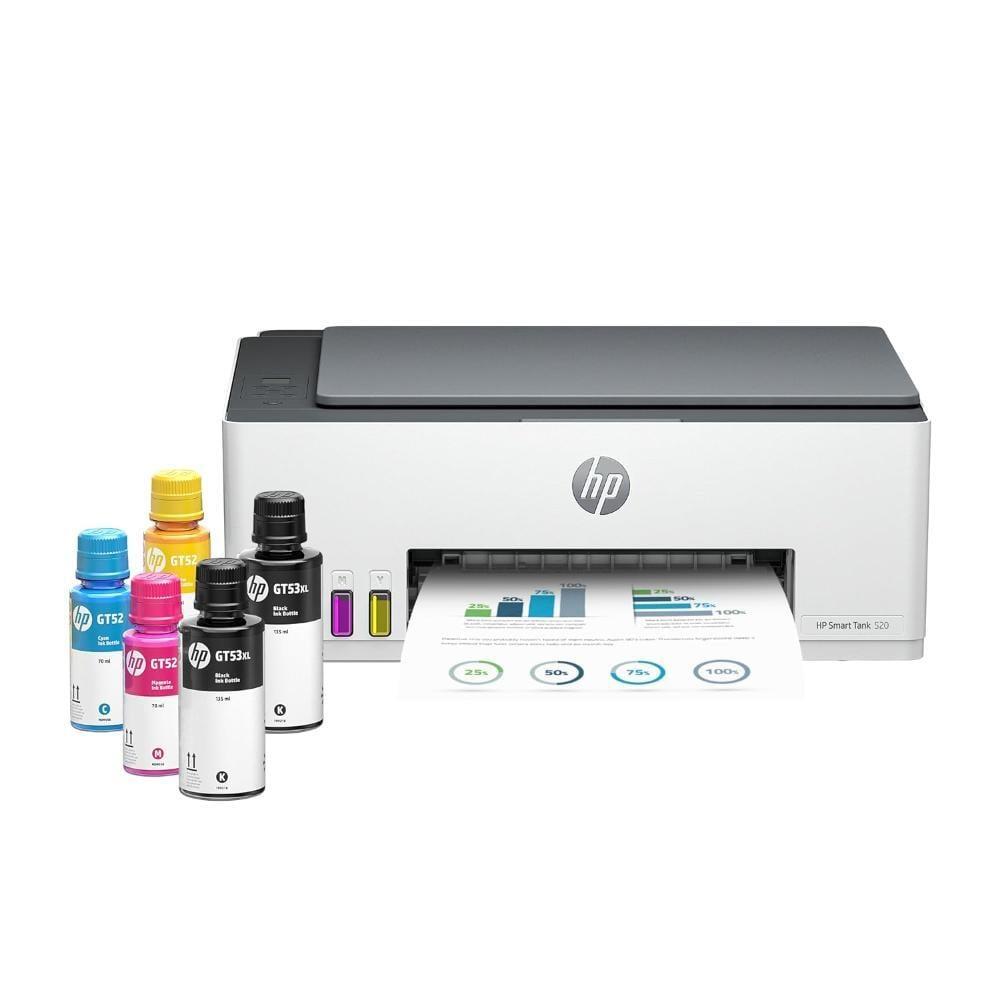 HP Smart Tank 520 All-in-one Colour Printer with 1 Extra Black Ink Bottle (Upto 8000 Black and 6000 Colour Prints) and 1 Year Extended Warranty with PHA Coverage, Print, Scan & Copy for Office/Home