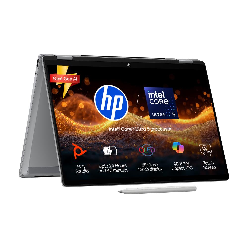 HP OmniBook X Flip 14-fm0058TU Convertible Laptop (Intel Ultra 5-226V 40 NPU TOPs/16 GB /512 GB SSD/Intel Arc Graphics/Next Gen Windows/Microsoft Office 2021 Home & Student/OLED), 35.6 cm - 14 inch, Glacier Silver