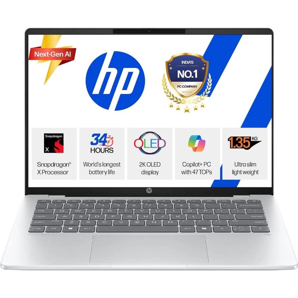 HP OmniBook 5 NGAI 14-he0015QU Standard Laptop (Snapdragon X X1-26-100/16 GB /1 TB SSD/Qualcomm Adreno GPU/Windows 11 Home/MS Office Home 2024 + 1 year M365 Basic/Full HD), 35.6 cm - 14 inch, Glacier Silver Aluminum