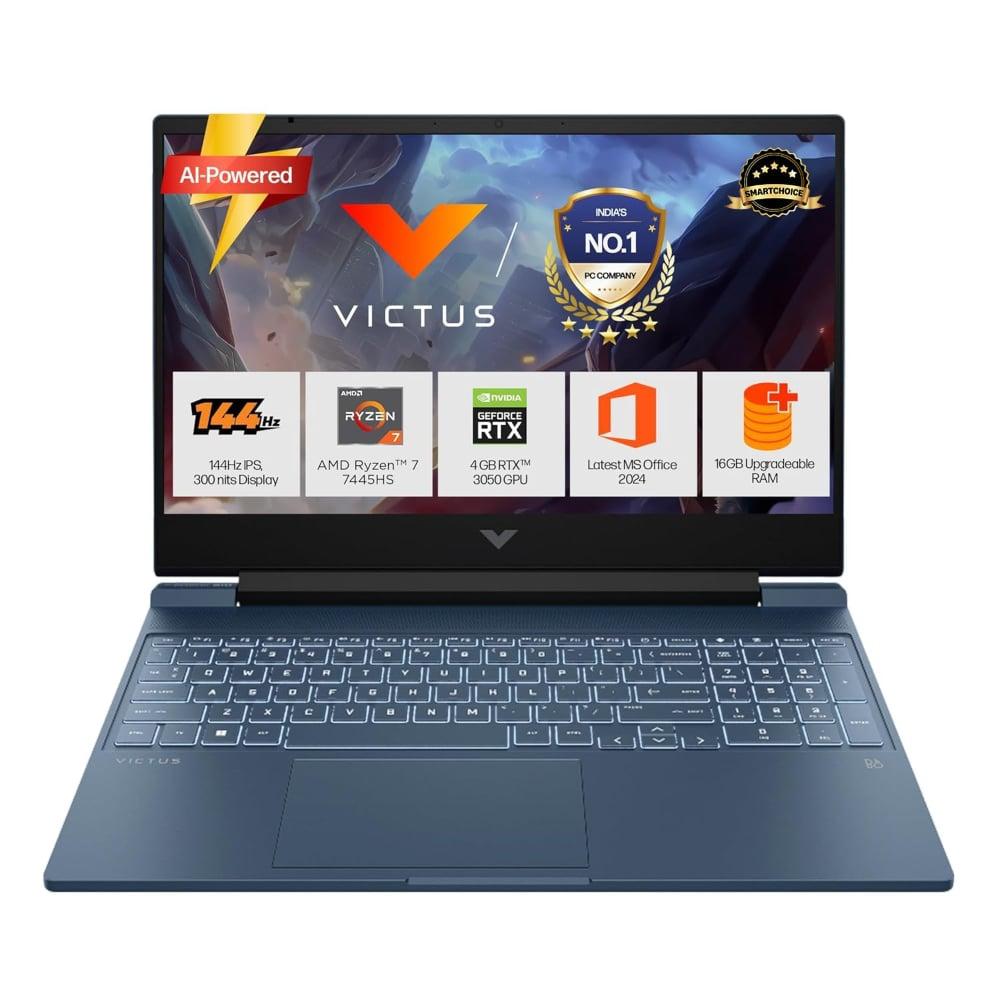 HP Victus 15 15-fb3125AX Gaming Laptop (AMD Ryzen 7 7445HS/16 GB/512 GB SSD/6 GB-NVIDIA GeForce RTX 3050/Windows 11 Home/MS Office Home 2024, 1 year Microsoft 365 Basic/Full HD), 39.62 cm - 15.6 inch, Performance Blue, Chrome Logo
