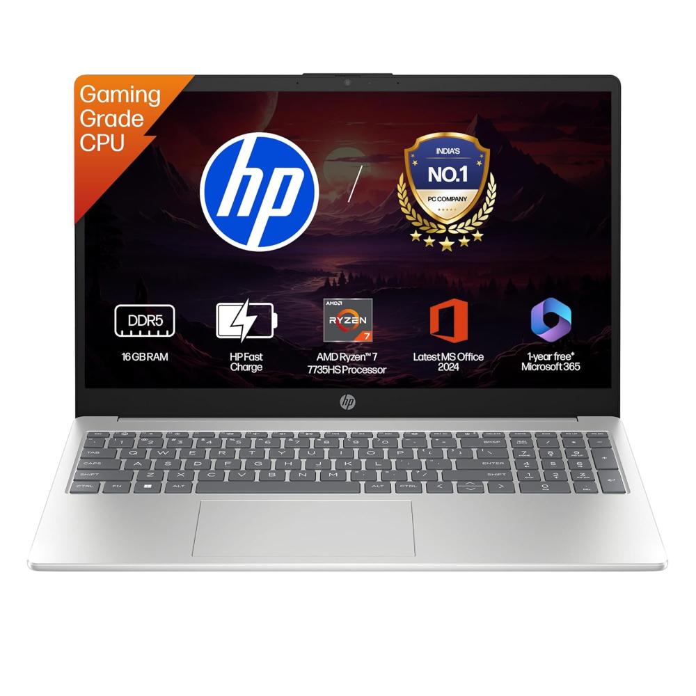 HP 15 15-FC1045AU Standard Laptop (AMD Ryzen 7 7735HS/16 GB/512 GB SSD/AMD Radeon Graphics/Windows 11 Home/MS Office Home 2024/Full HD), 40.9 cm - 16.1 inch, Natural Silver