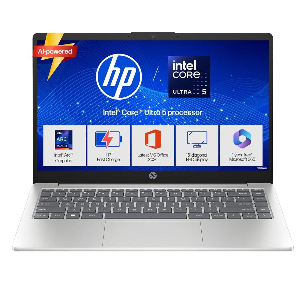 HP 15 AI Laptop, Intel Core Ultra 5 125H, 24GB DDR5 RAM, 1TB SSD, up to 11 TOPS NPU, 39.6 cm - 15.6 inch FHD IPS 300nits, Touchscreen, Backlit Keyboard, Windows 11, MS Office 2024, Natural Silver, 15-fd1458TU