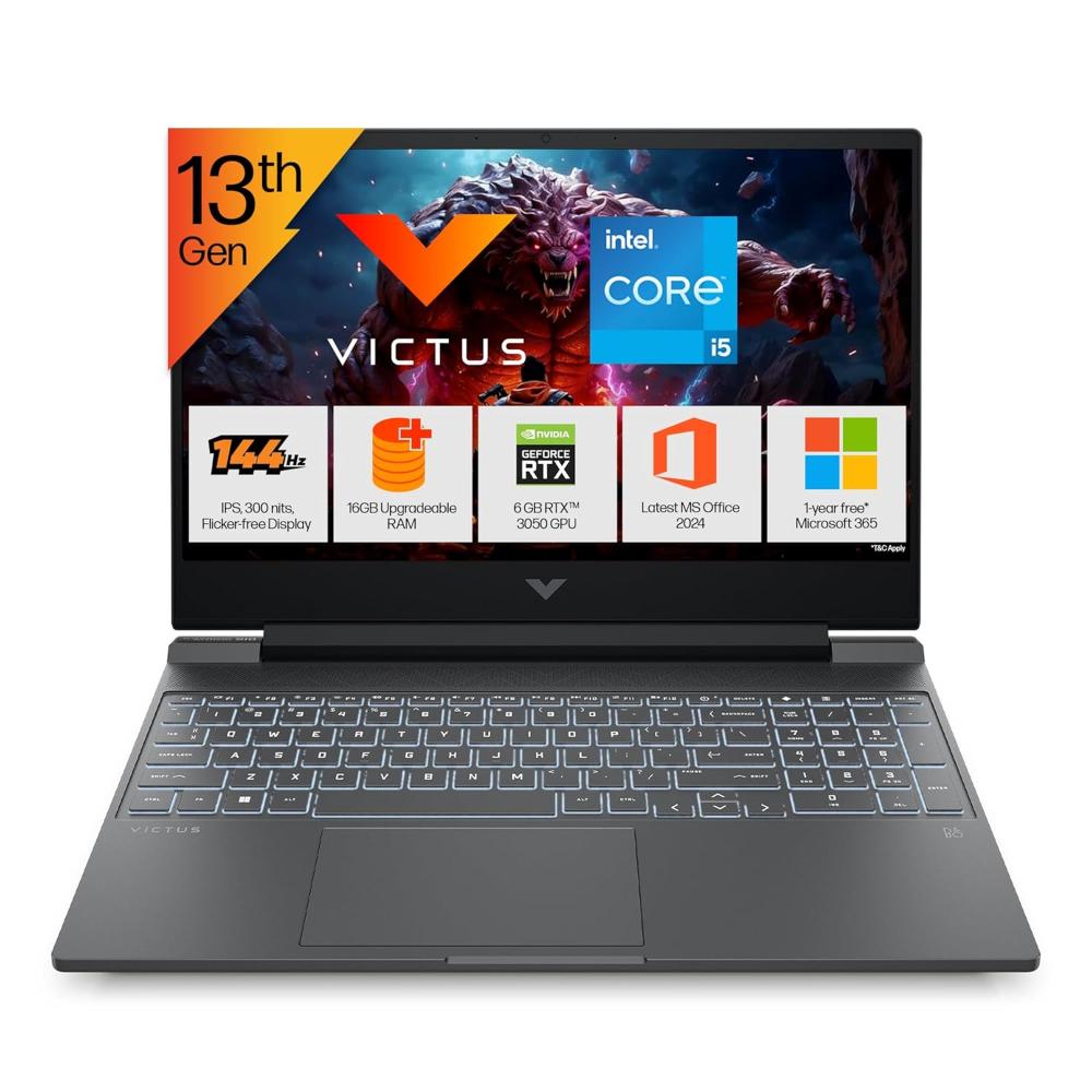 HP Victus 15 15-fa2654TX Gaming Laptop (Intel Core i5-13450HX/16 GB/512 GB SSD/6 GB-NVIDIA GeForce RTX 3050/Windows 11 Home/MS Office Home 2024, 1 year Microsoft 365 Basic/Full HD), 39.6 cm - 15.6 inch, Performance Blue, Chrome Logo