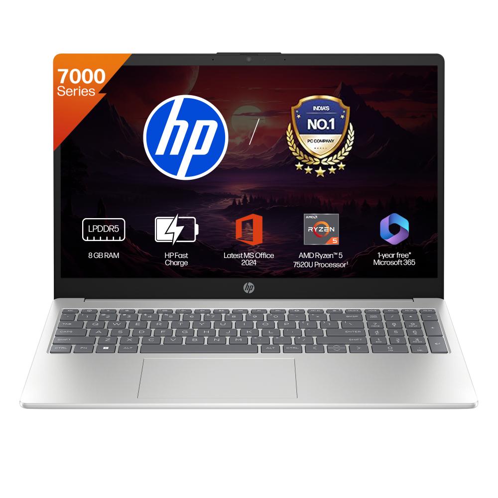 HP 15 Laptop, AMD Ryzen 5 7520U, 8GB LPDDR5 RAM, 512GB SSD, AMD Radeon Graphics, 39.62 cm (15.6 inch) FHD Anti-Glare 250nits, Backlit Keyboard, Windows 11 Home, MS Office 2024, Natural Silver, 15-FC0704AU