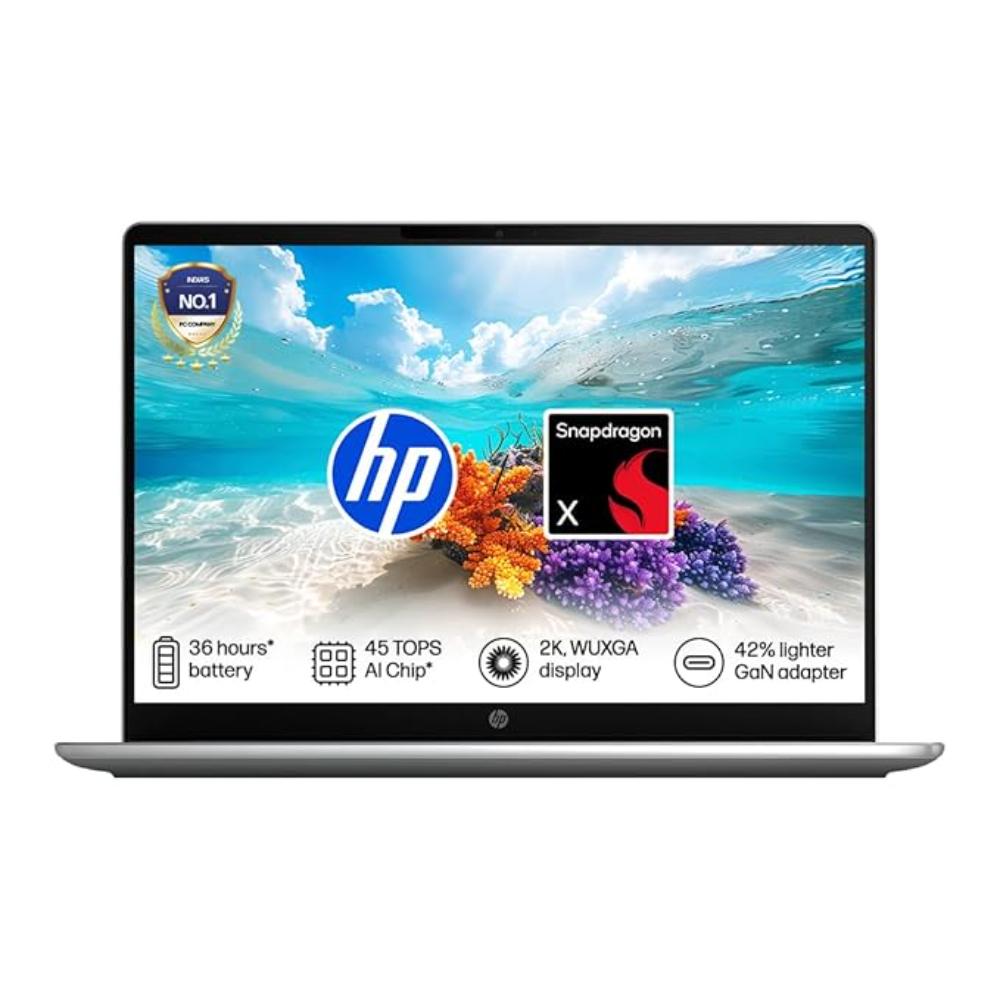 HP OmniBook 3 Laptop 14-HZ0026QU Next Gen AI Standard Laptop (Snapdragon X X1-26-100/16 GB/512 GB SSD/Qualcomm Adreno GPU Graphics/Windows 11/MS Office Home 2024/FHD), 35.6 cm (14 inch), Nouvelle Silver