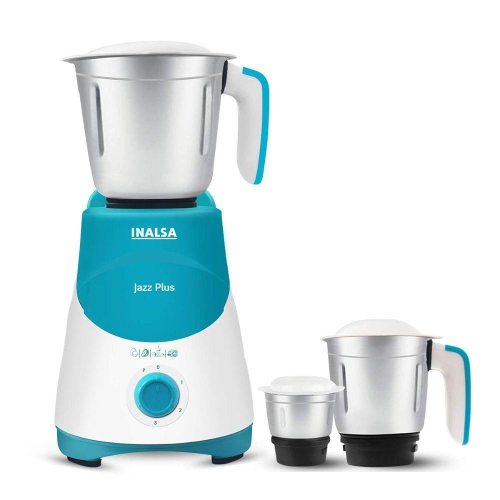 Inalsa Jazz Plus 750 Watts Mixer Grinder with 2 Jars, Overload protection, Vacuum Feet (White/Blue)