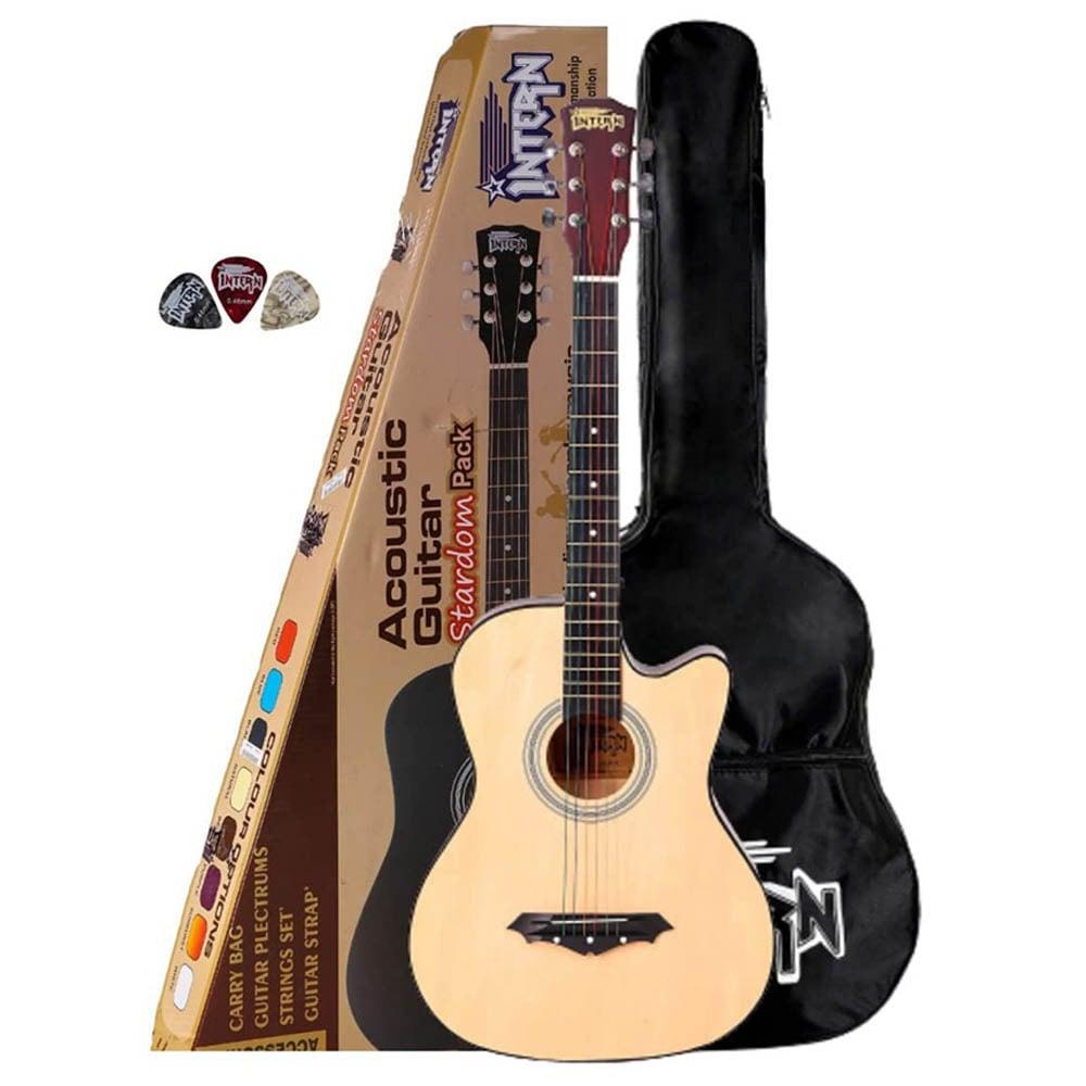 Intern INT-38C-LGP-BK Acoustic Guitar with Bag, Strap and Picks (Natural)