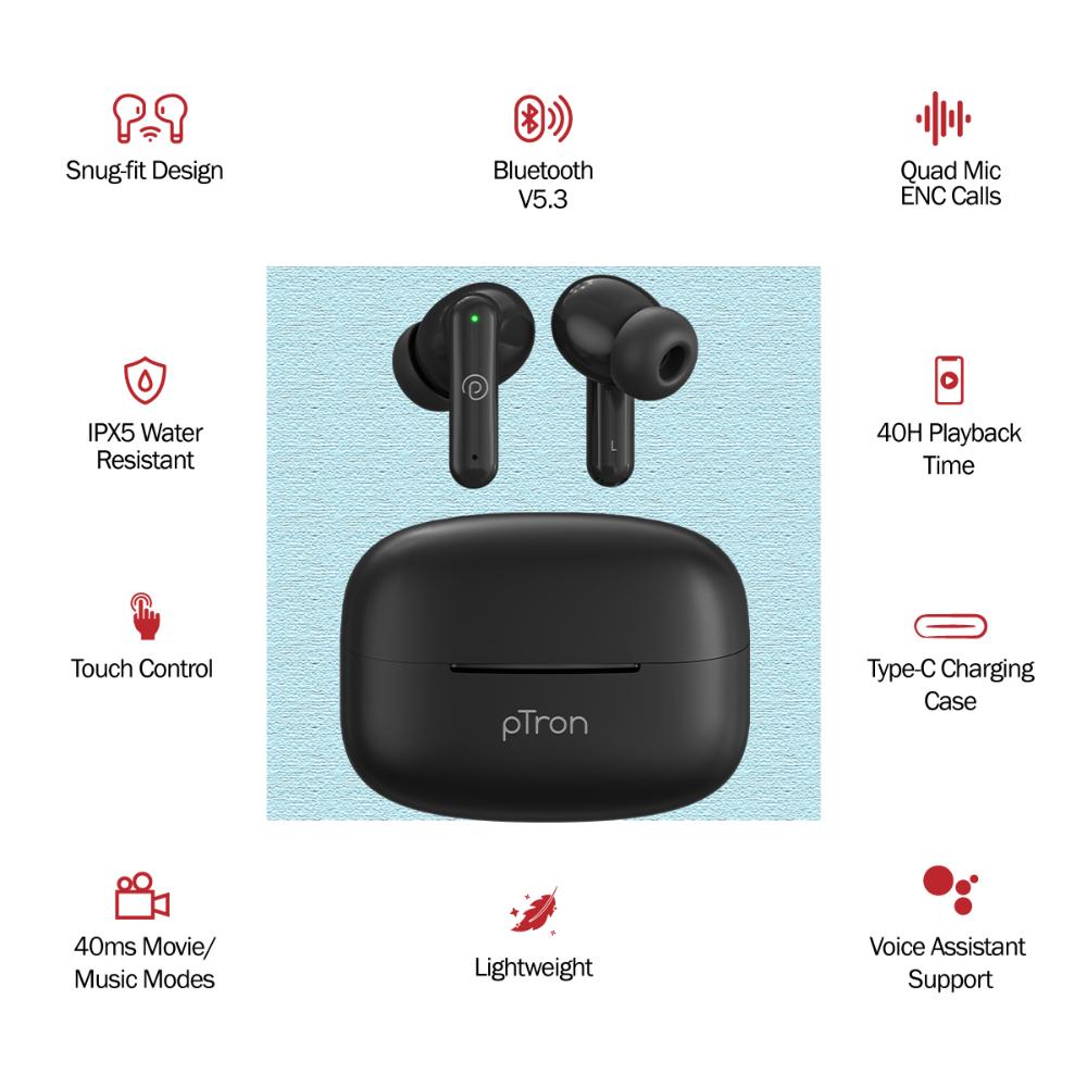 pTron Zenbuds X1 Quad Mic TWS Earbuds, Black, TruTalk ENC Calls, 40 Hours  Playtime, In Ear Sensor, 40 ms Movie and Music Modes, Headphones, Type C