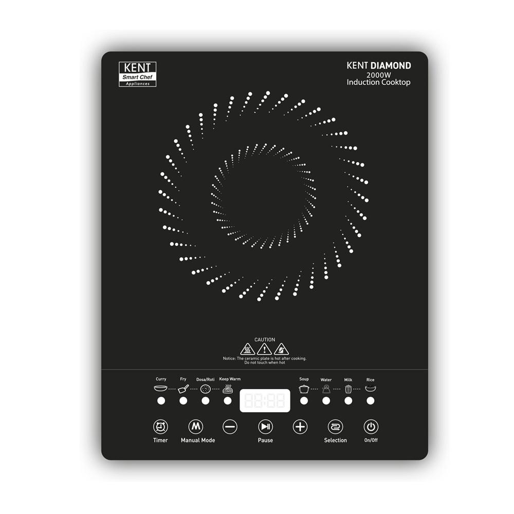 KENT Diamond Induction Cooktop 2000 W, 8 Preset Menu, Full Microcrystalline Glass, Feather Touch Buttons & Led Display, Milk Boiling & Keep Warm Function, Overheat Protection & Auto Turn-Off, Radiant, Black