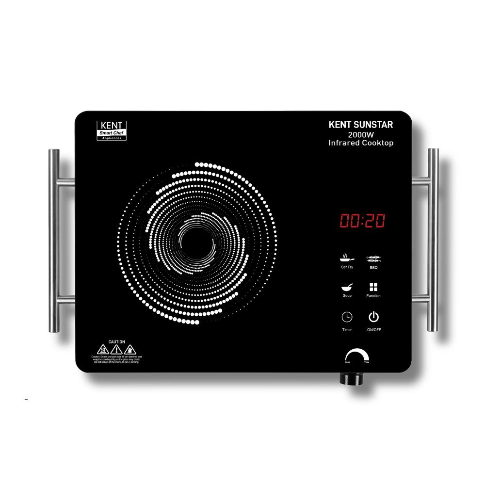 KENT Sunstar Infrared Cooktop 2000 W, 3 Preset Menus, Grill Stand to BBQ & Roast, Microcrystalline Glass, Digital Functions with LED Display, Adjustable Temperature Knob , SS Handle, Auto Cut-Off