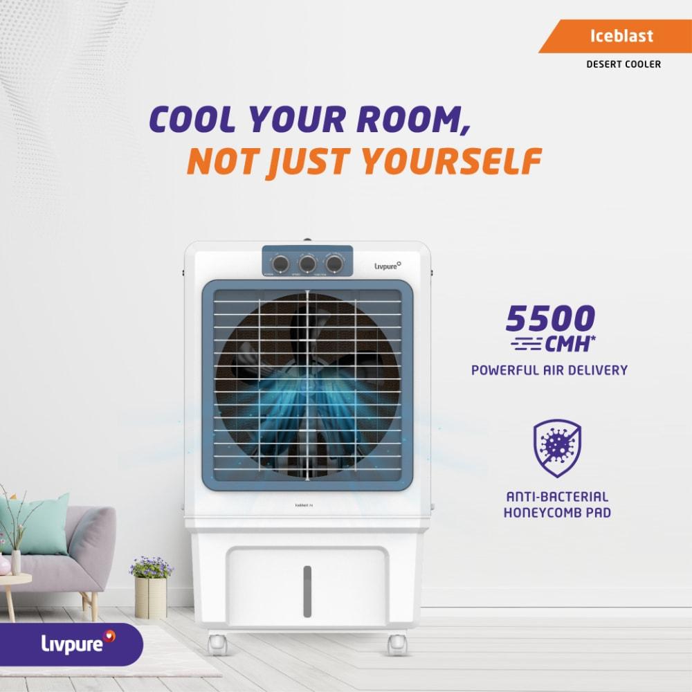 Livpure Iceblast 70 L Desert Air Cooler with 5500 CMH Air delivery, 70 Litres, White & Blue