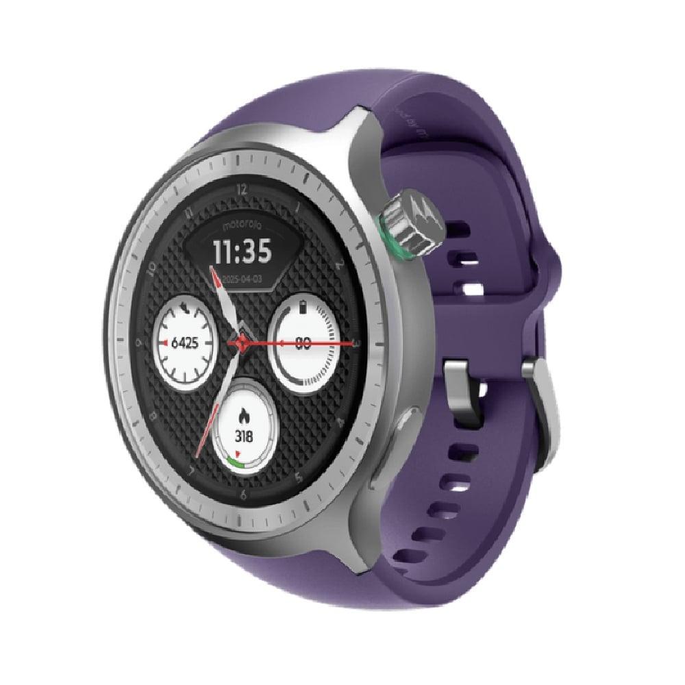 MOTOROLA Moto Watch 3.5 cm (1.4 inch) OLED, Dual band GPS, Powered by Polar, AOD, Android only Smartwatch Matte Silver/PANTONE Parachute Purple