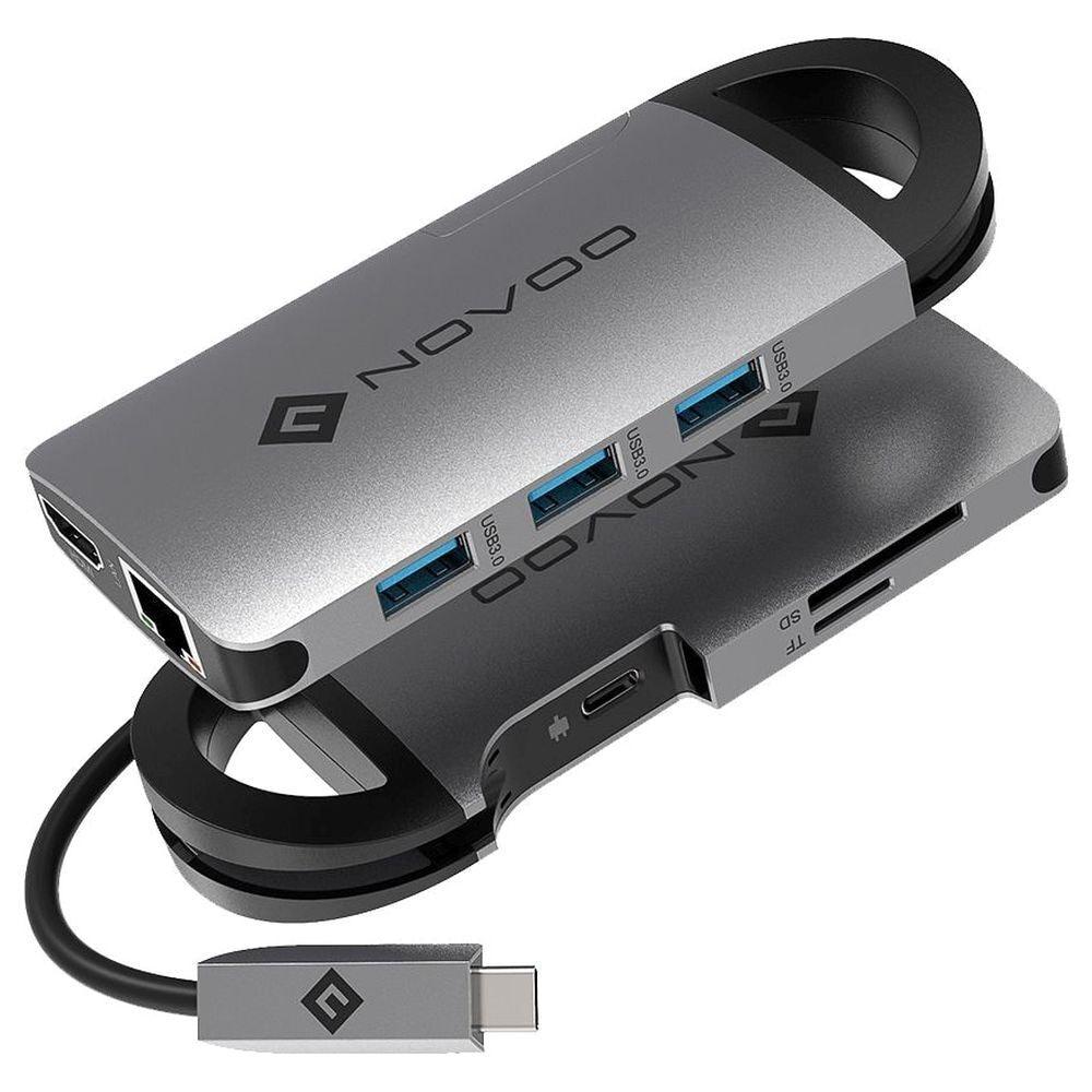 Novoo 8-in-1 USB-C Hub with 3 USB-A Port, USB-C PD Port, HDMI Port, SD Card and TF Slot, Ethernet Port, Dark Grey