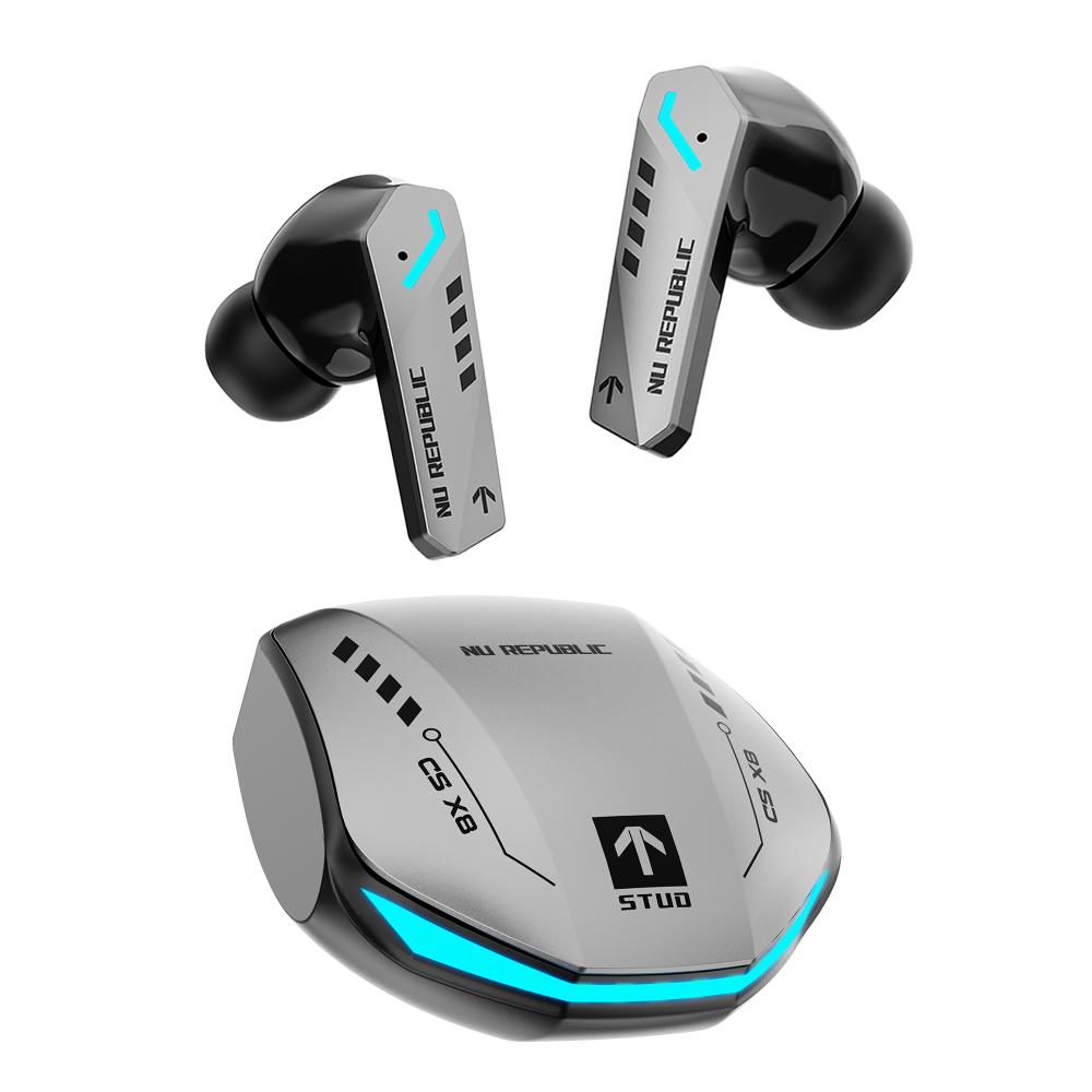 Nu Republic Cyberstud X8 TWS Wireless Earbuds with Up to 56 Hrs Playtime, 40 ms Ultra Low Latency, ENC Mics, 13 mm Neodymium Drivers, XBass Technology, Dual Mode for Gaming & Music, Bluetooth 5.3 (Silver)