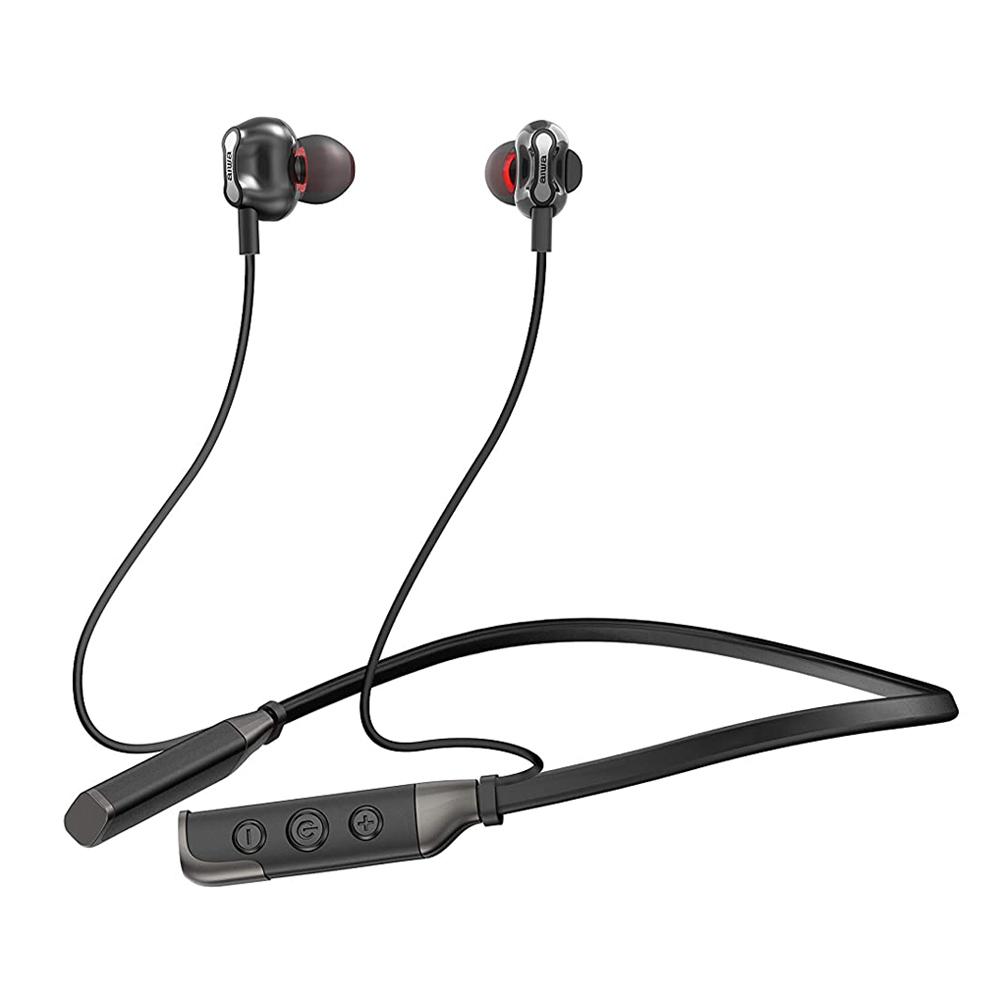 Aiwa ESBT-460 Bluetooth Wireless Neckband Earphones with Quad Drivers, Micro SD Slot, Black