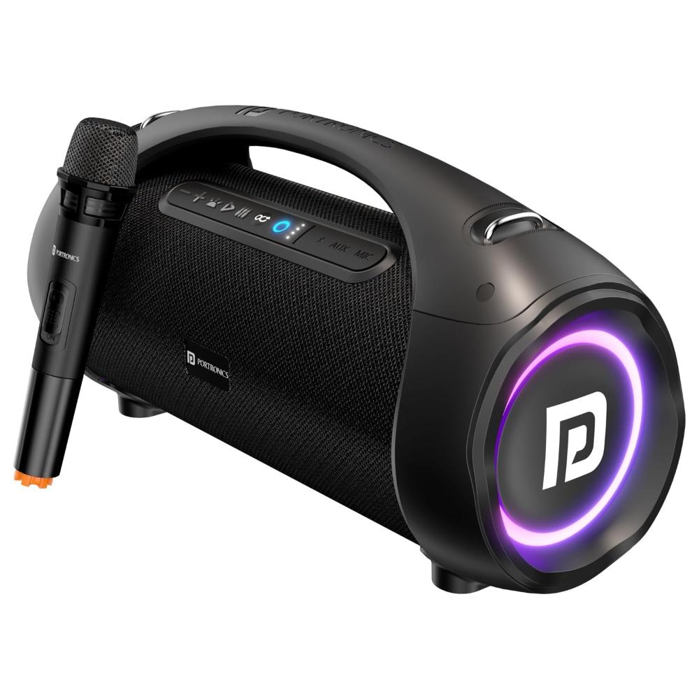 Portronics Dash 12 60 W Wireless Bluetooth Party Speaker with Wireless Karaoke Mic, TWS Function, Multicolor LED Light, USB Pen Drive, Aux-in Slot, Upto 9 Hrs Playtime (Black)