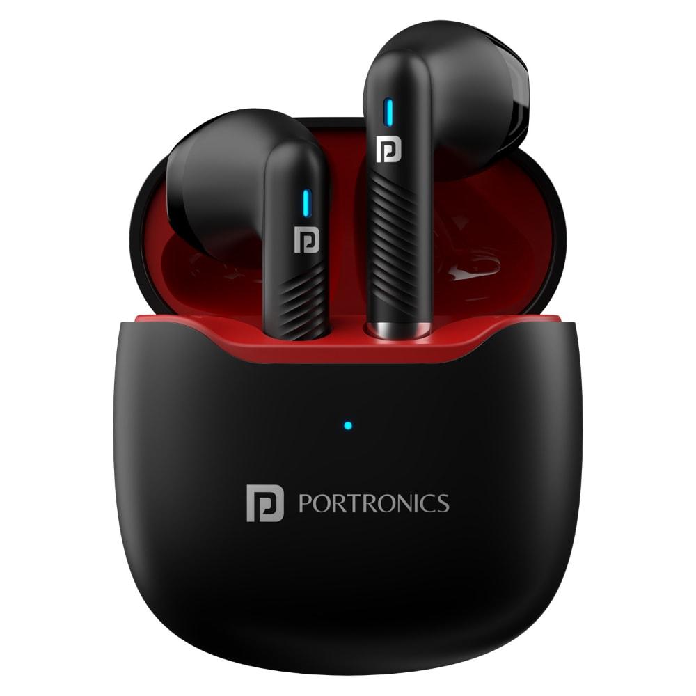 Portronics Harmonics Twins S12 in Ear True Wireless Earbuds with Mic, 24 Hours Playtime, Game/Music Mode, Touch Control, 13 mm Dynamic Driver, Bluetooth v5.3, IPX5 Water Resistance & Type C Fast Charging (Red+Black)