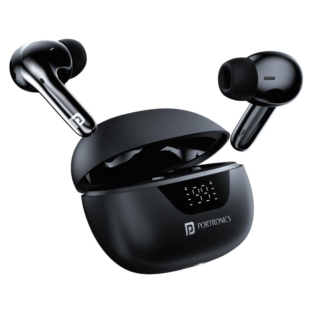 Portronics Harmonics Twins 28 ANC TWS In Ear Earbuds with Smart Touch Control, 50 Hours Playback, Quad Mic ENC, Low Latency, 13 mm Dynamic Driver, IPX 5 Water Resistant, Fast Type C Charging, (Black) - POR 2241