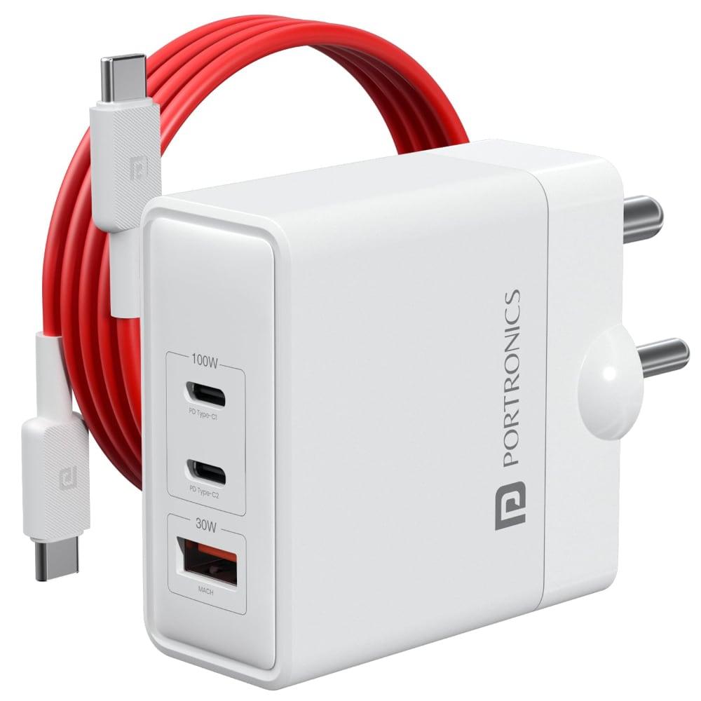 Portronics Adapto 100, Triple Port (1 Type-A & 2 Type-C), 100w GAN Charger, Compatible with Laptop, Phone, Tablet and Other Type C Devices, Type-C Cable Included, White