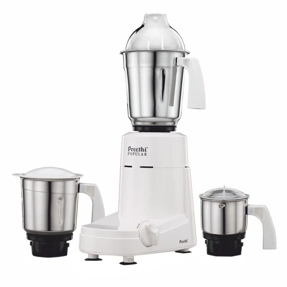 Preethi Popular 750 Watts 3 Jars Mixer Grinder, Jar Lock, Stainless Steel Jar and Blade, White